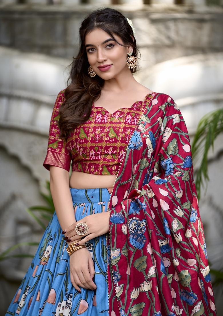 Blue Embroiderd Silk Lehenga Set - Indya