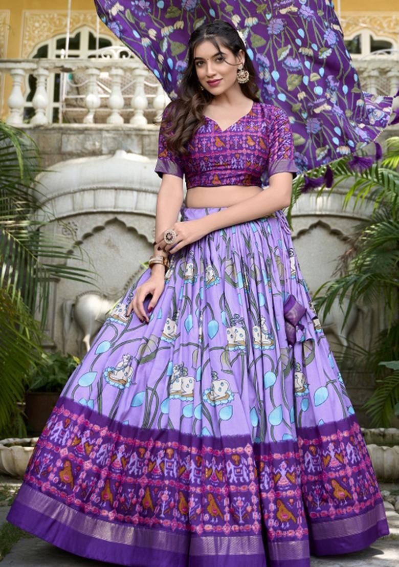 Purple Embroiderd Silk Lehenga Set - Indya