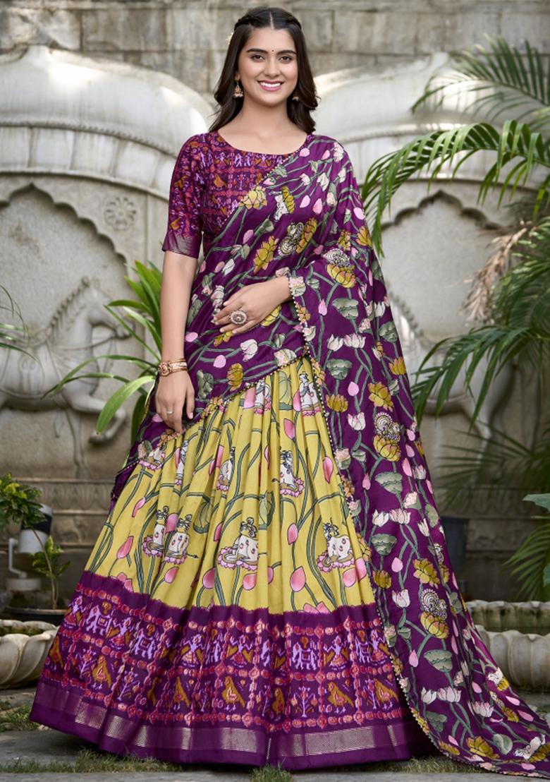 Yellow Embroiderd Silk Lehenga Set - Indya