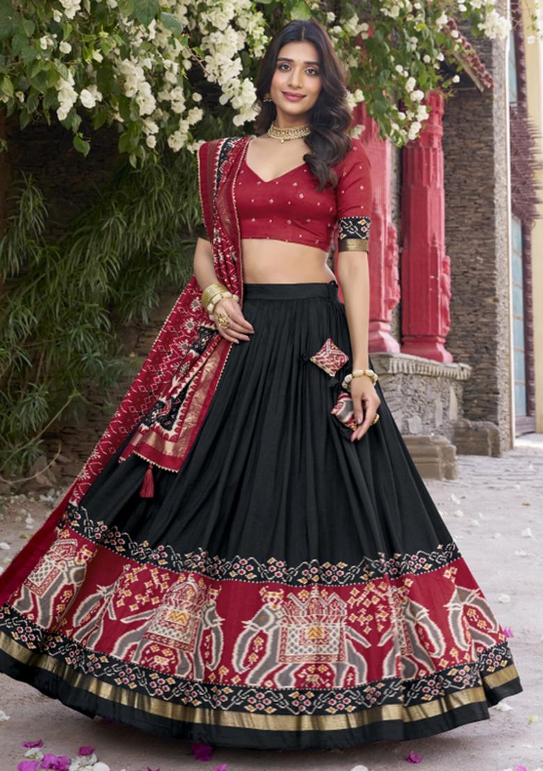 Black Embroiderd Silk Lehenga Set - Indya