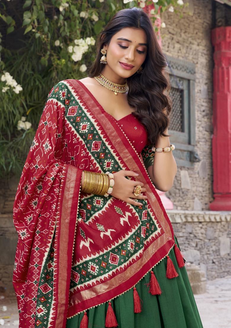 Green Embroiderd Silk Lehenga Set - Indya