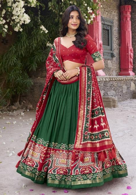 Green Embroiderd Silk Lehenga Set