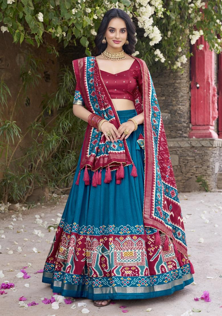 Blue Embroiderd Silk Lehenga Set - Indya