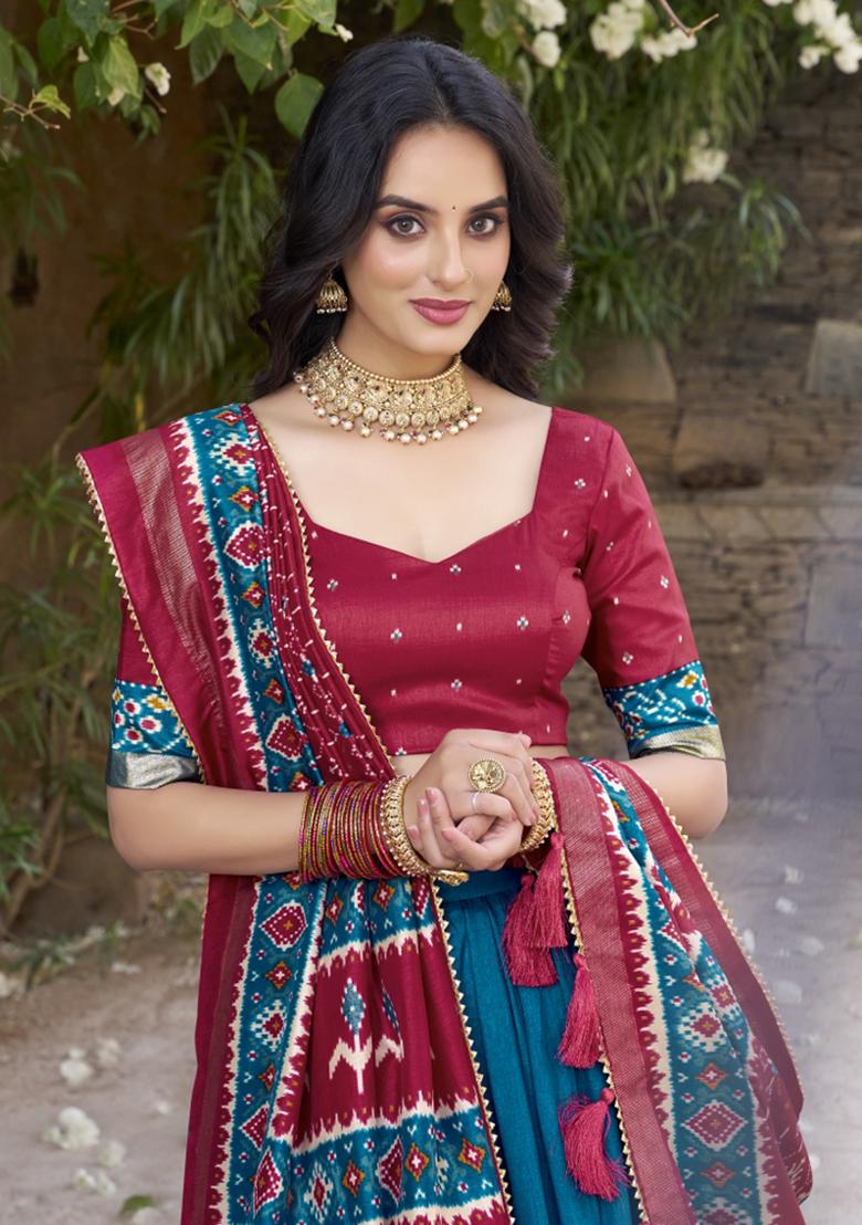 Blue Embroiderd Silk Lehenga Set - Indya