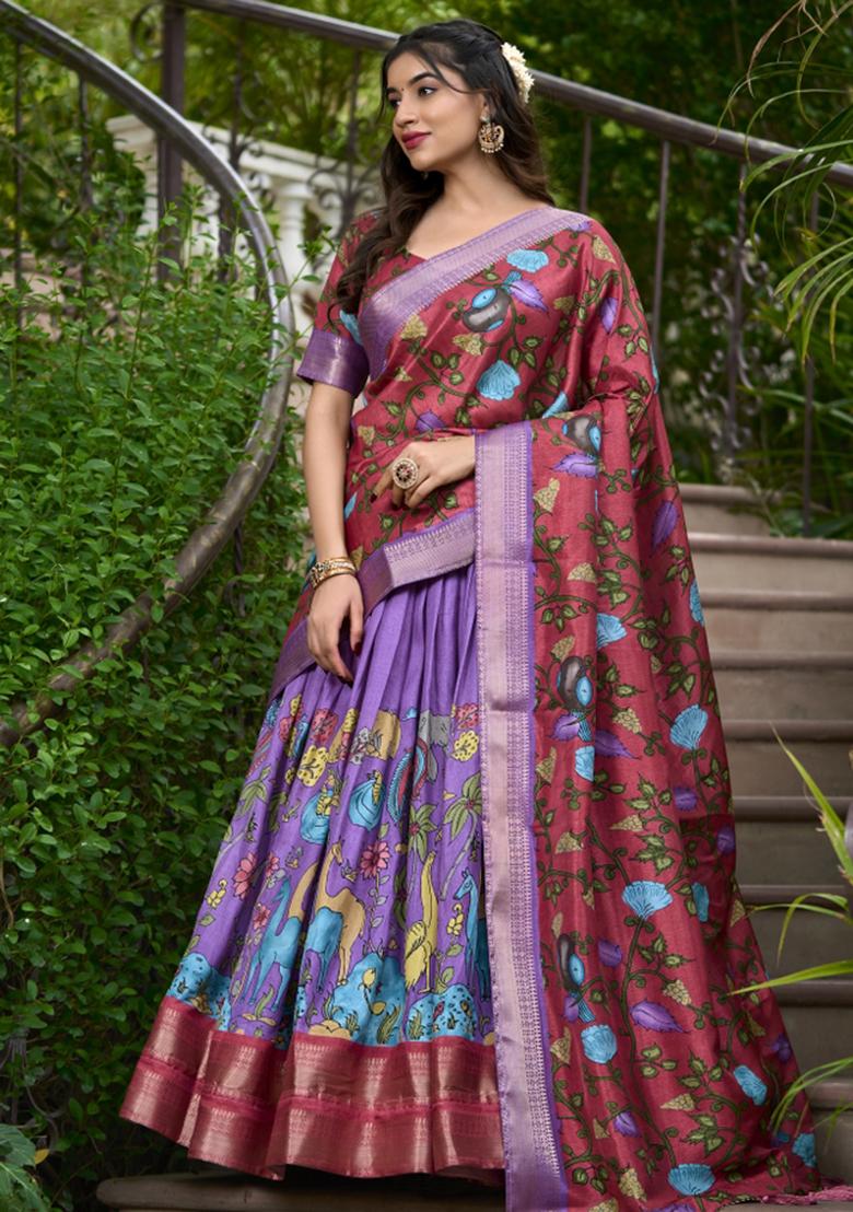 Purple Embroiderd Silk Lehenga Set - Indya