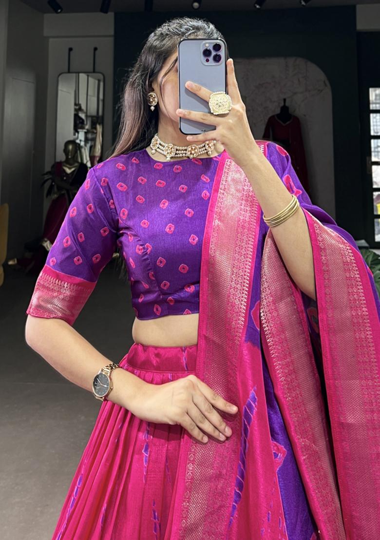 Purple Embroiderd Silk Lehenga Set - Indya