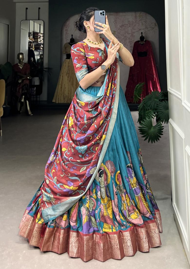 Blue Embroiderd Silk Lehenga Set - Indya