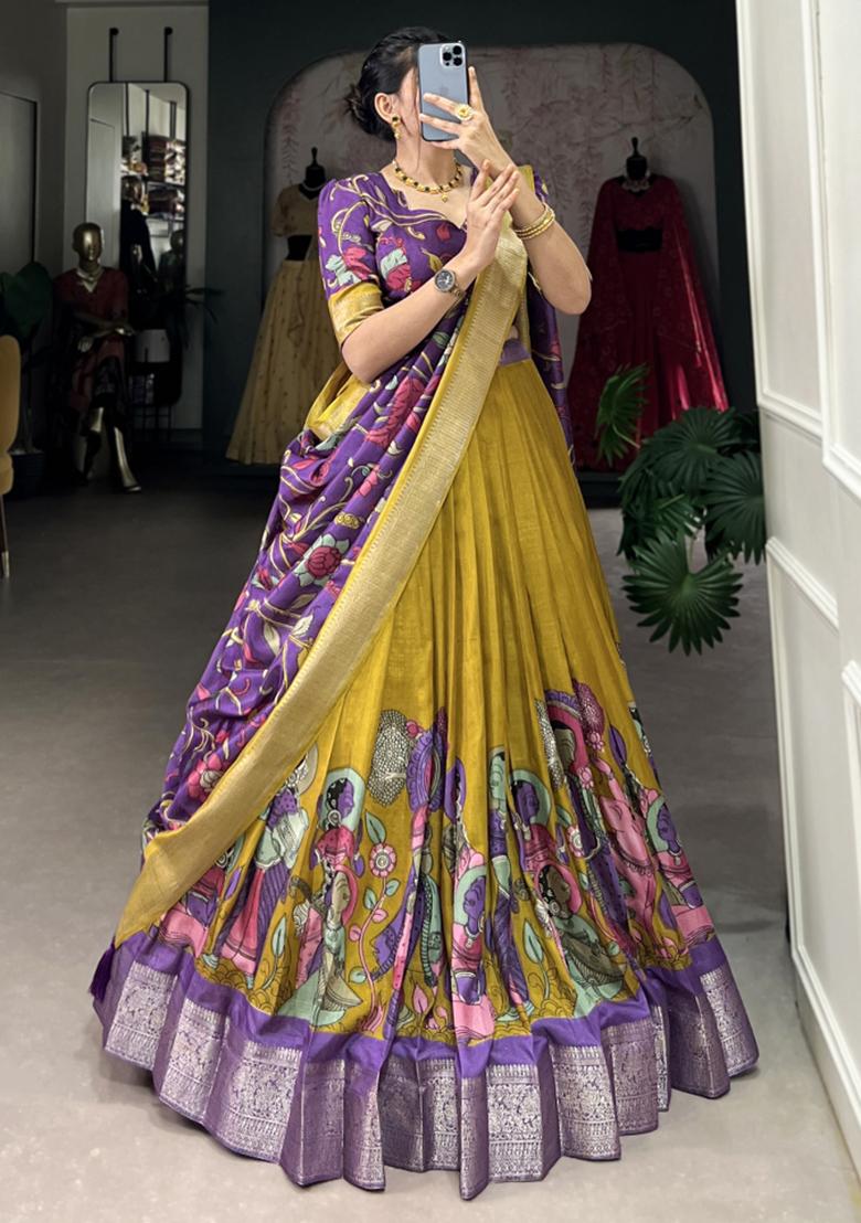 Yellow Embroiderd Silk Lehenga Set - Indya