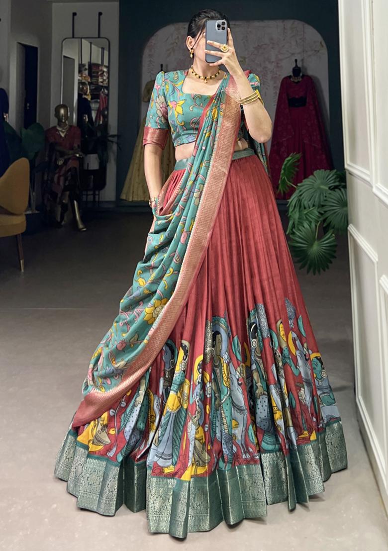 Red Embroiderd Silk Lehenga Set - Indya