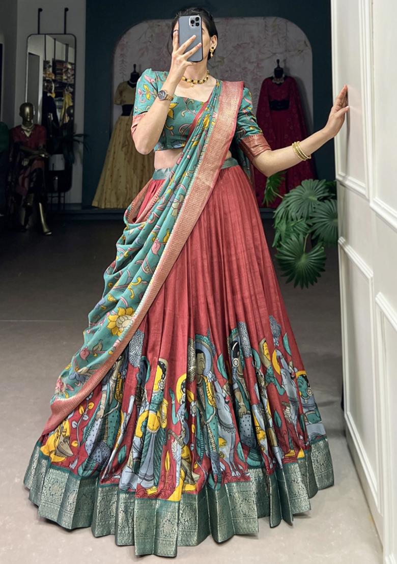 Red Embroiderd Silk Lehenga Set - Indya