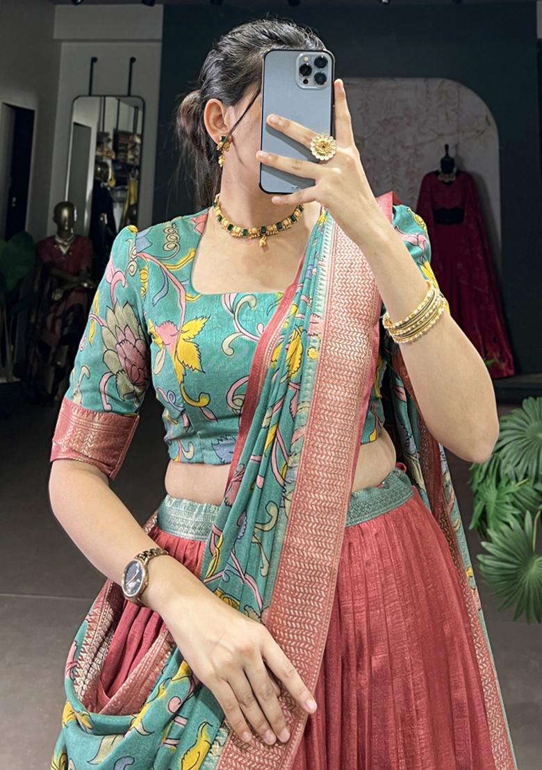 Red Embroiderd Silk Lehenga Set - Indya