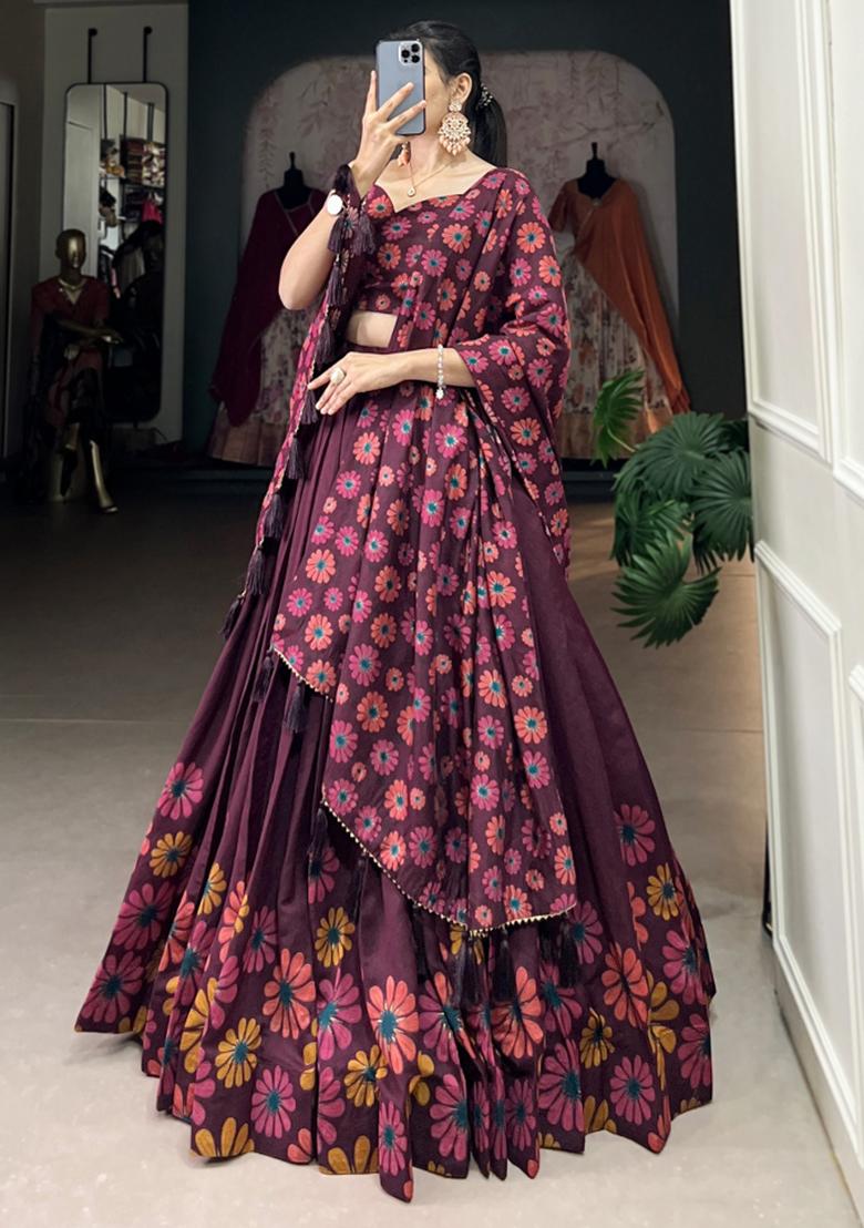 Wine Embroiderd Silk Lehenga Set - Indya