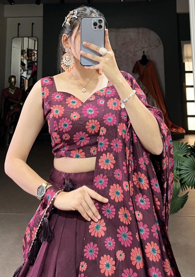 Wine Embroiderd Silk Lehenga Set - Indya