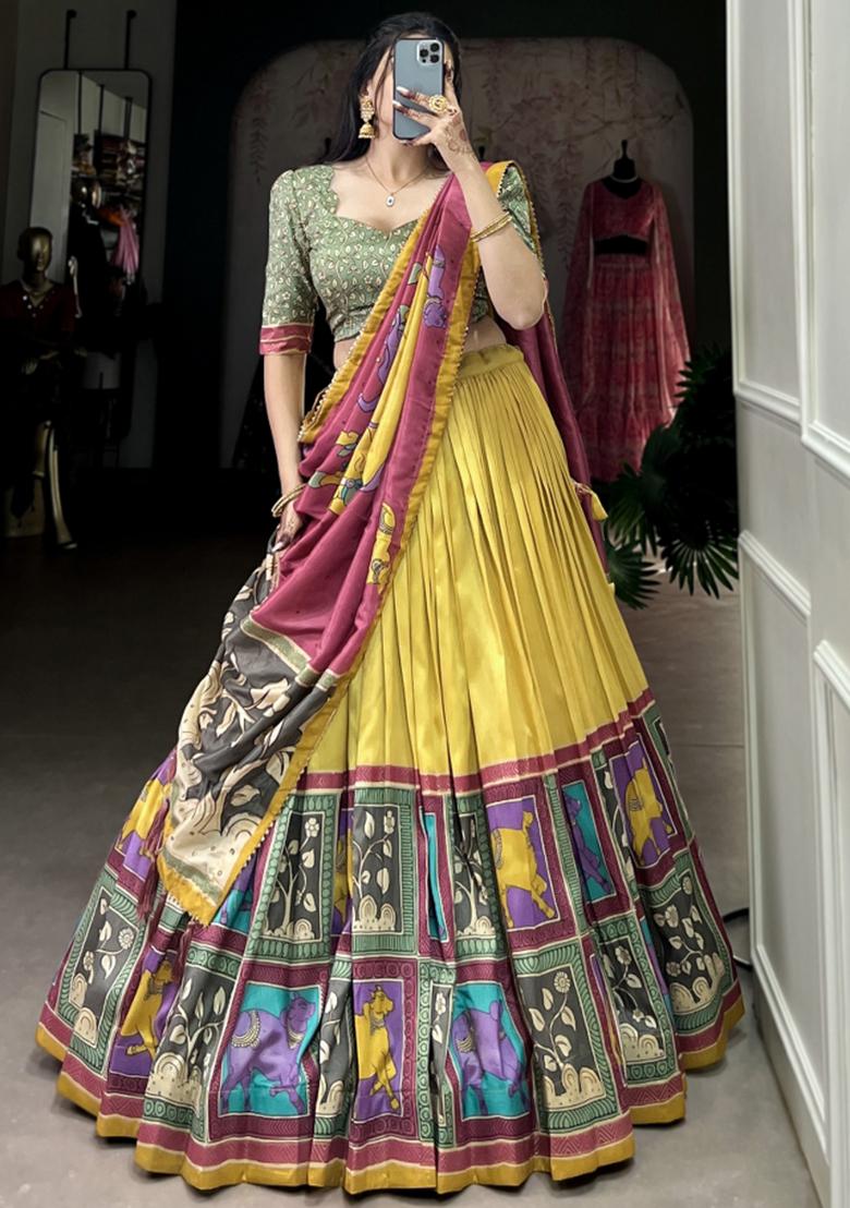 Yellow Embroiderd Silk Lehenga Set - Indya