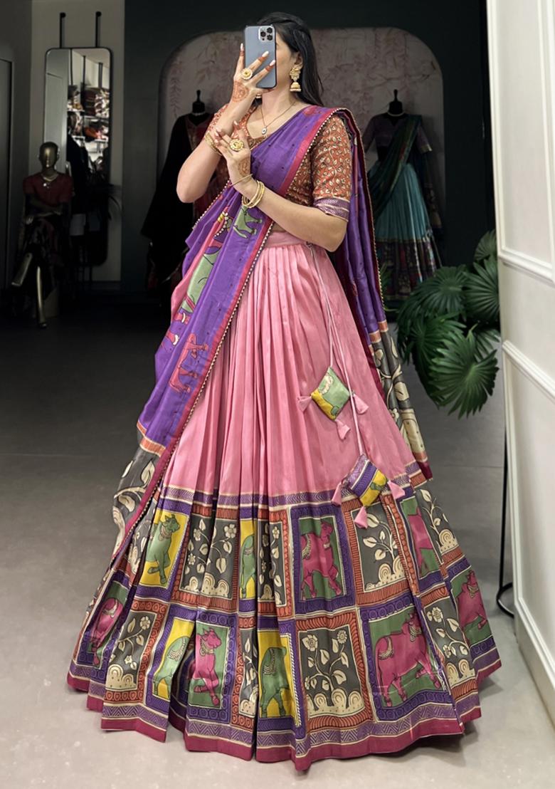 Peach Embroiderd Silk Lehenga Set - Indya