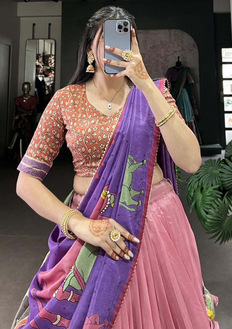 Peach Embroiderd Silk Lehenga Set