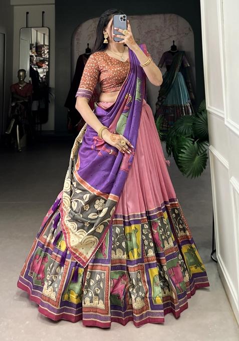 Peach Embroiderd Silk Lehenga Set