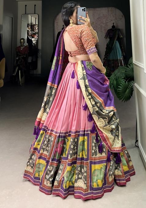 Peach Embroiderd Silk Lehenga Set