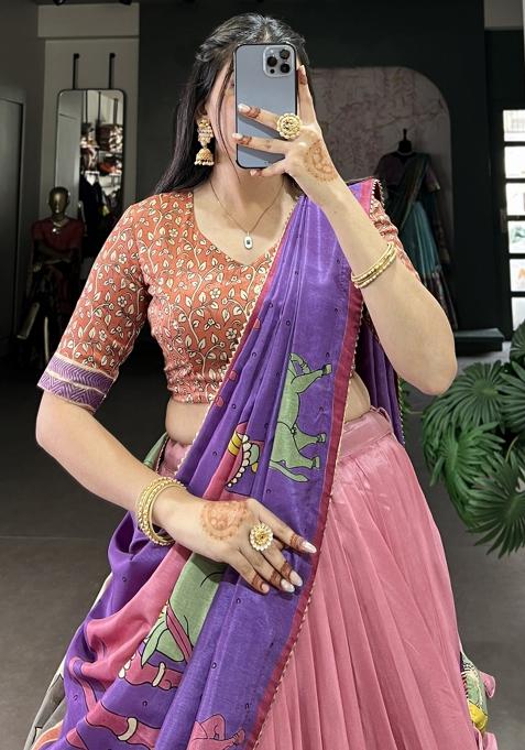 Peach Embroiderd Silk Lehenga Set