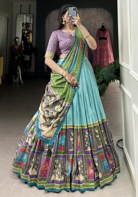 Blue Embroiderd Silk Lehenga Set