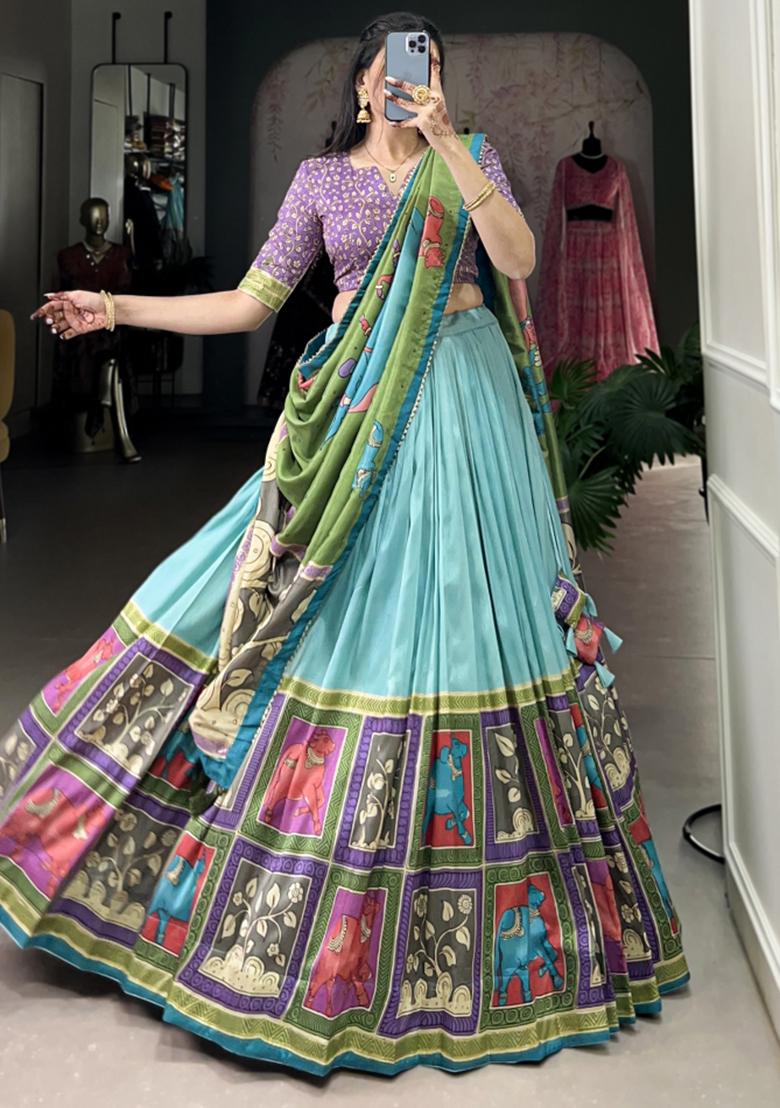 Blue Embroiderd Silk Lehenga Set - Indya