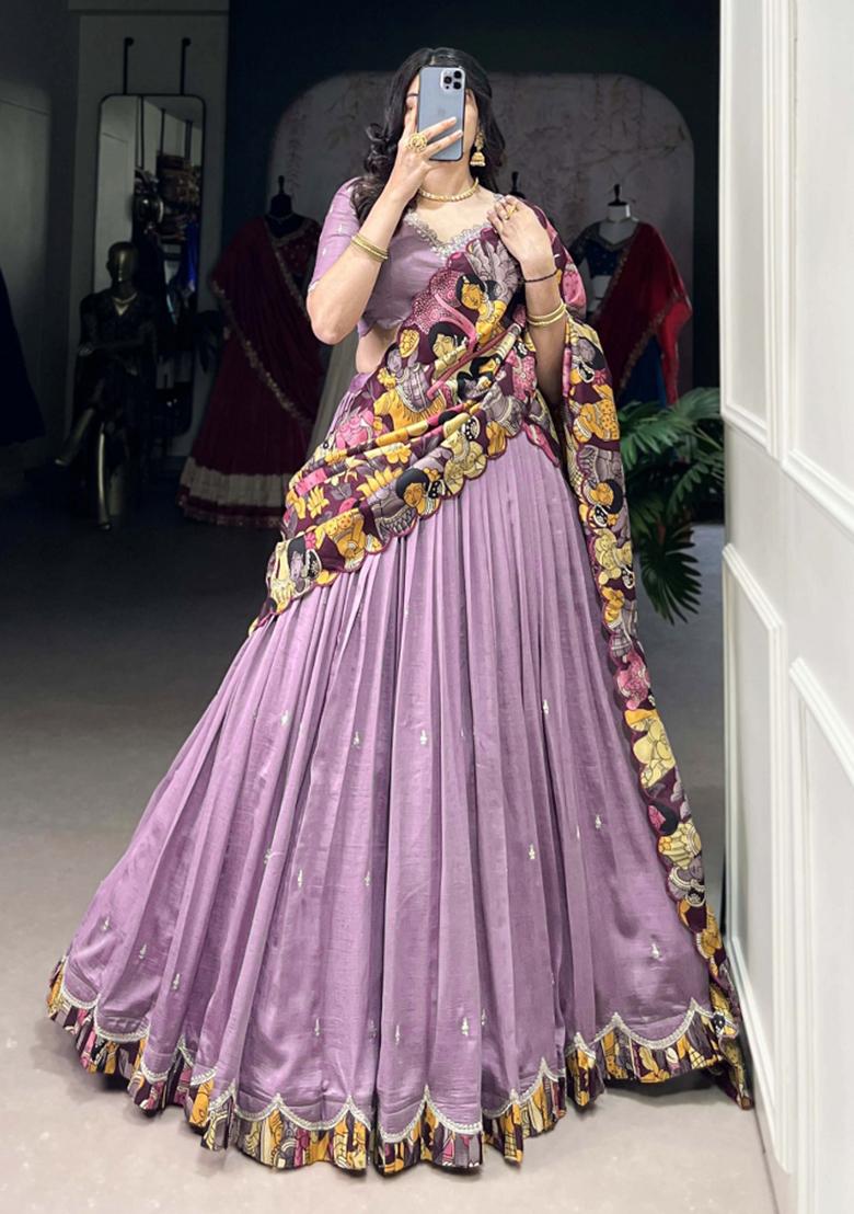 Purple Embroiderd Silk Lehenga Set - Indya