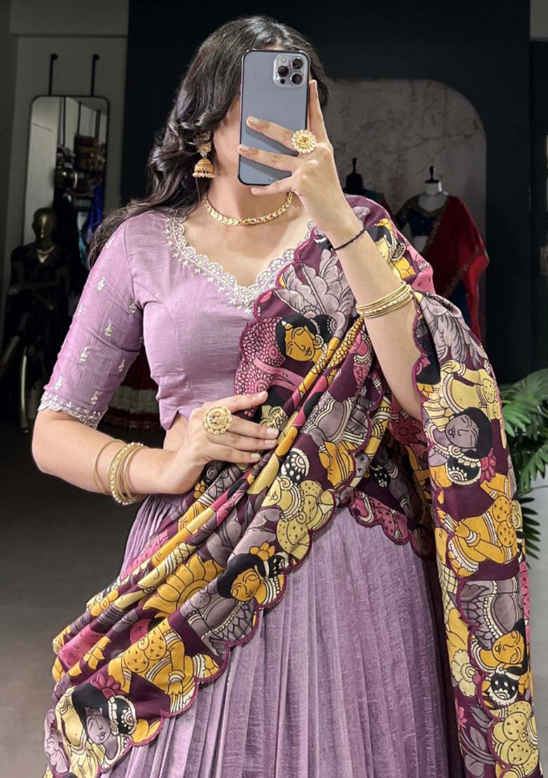 Purple Embroiderd Silk Lehenga Set - Indya