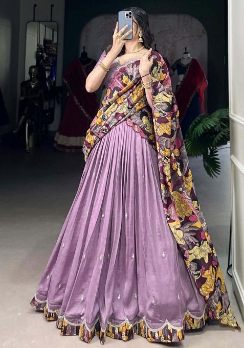 Purple Embroiderd Silk Lehenga Set