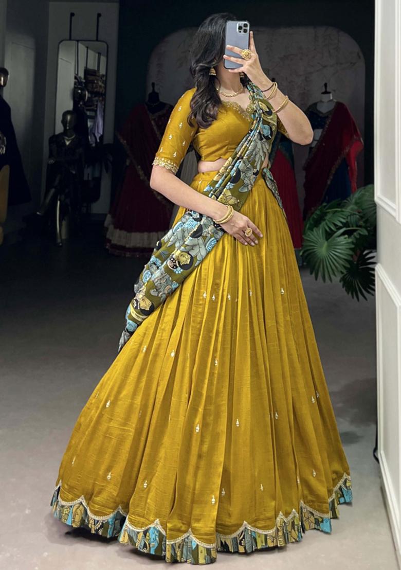 Yellow Embroiderd Silk Lehenga Set - Indya