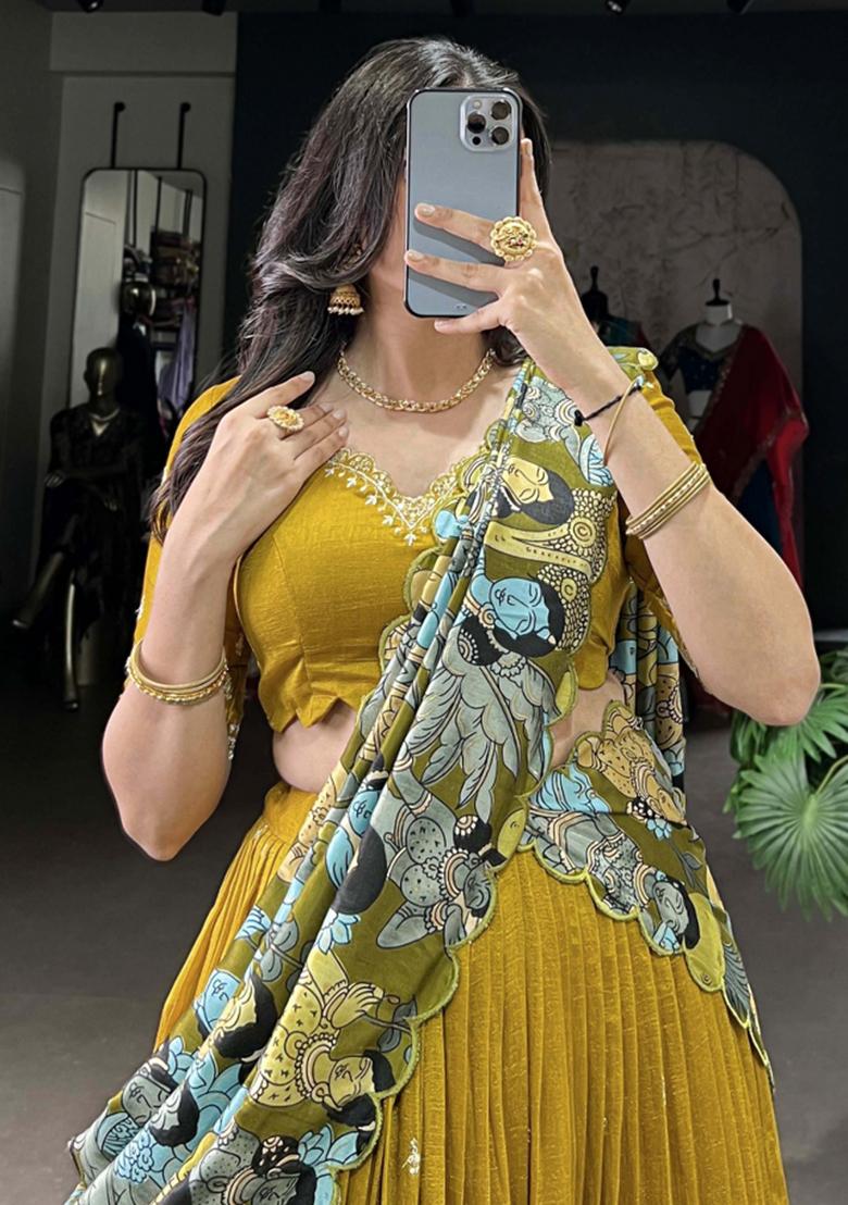 Yellow Embroiderd Silk Lehenga Set - Indya