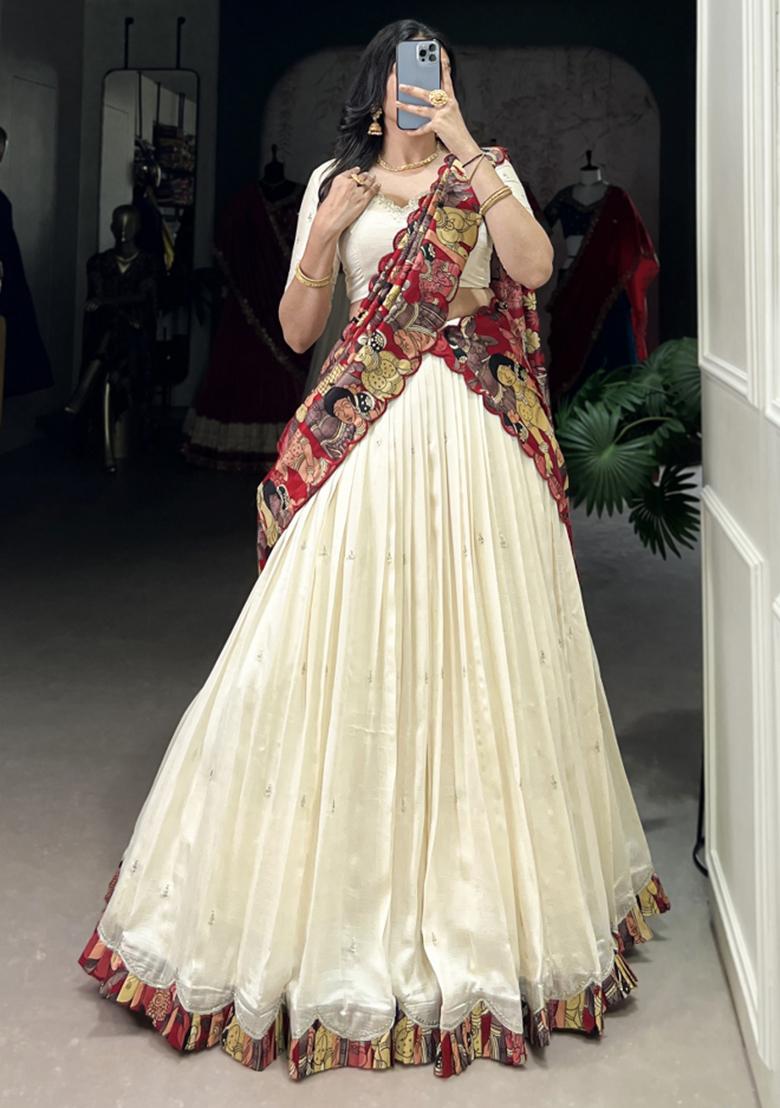 White Embroiderd Silk Lehenga Set - Indya