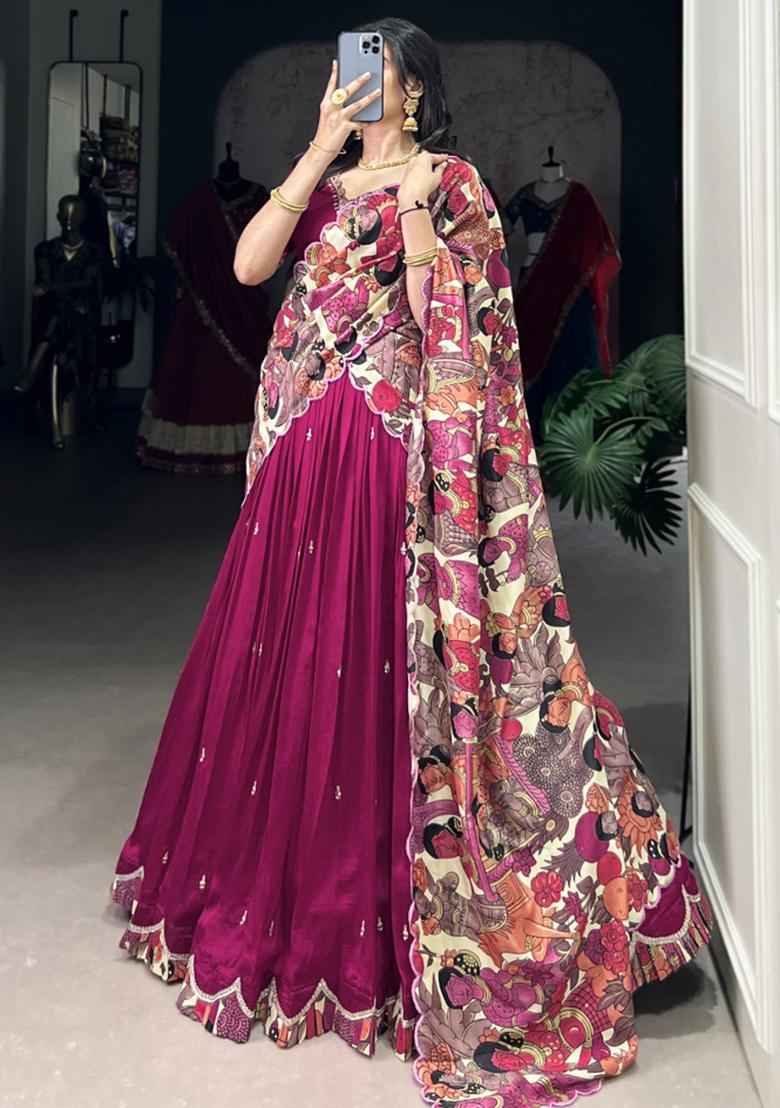 Pink Embroiderd Silk Lehenga Set - Indya