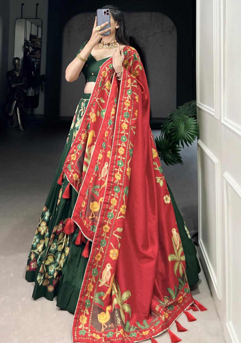 Green Embroiderd Silk Lehenga Set - Indya