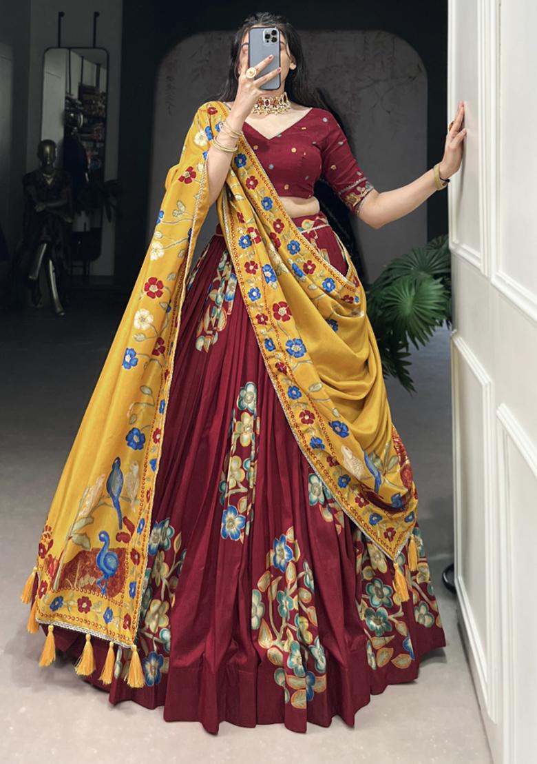 Maroon Embroiderd Silk Lehenga Set - Indya