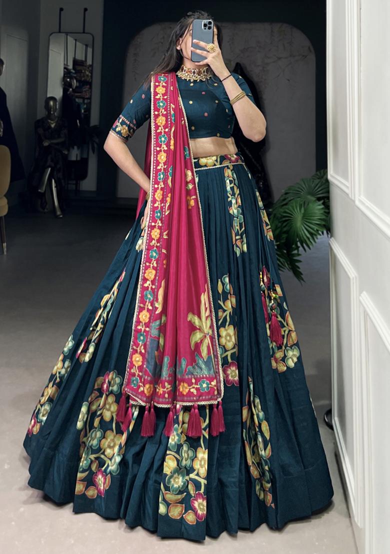 Blue Embroiderd Silk Lehenga Set - Indya