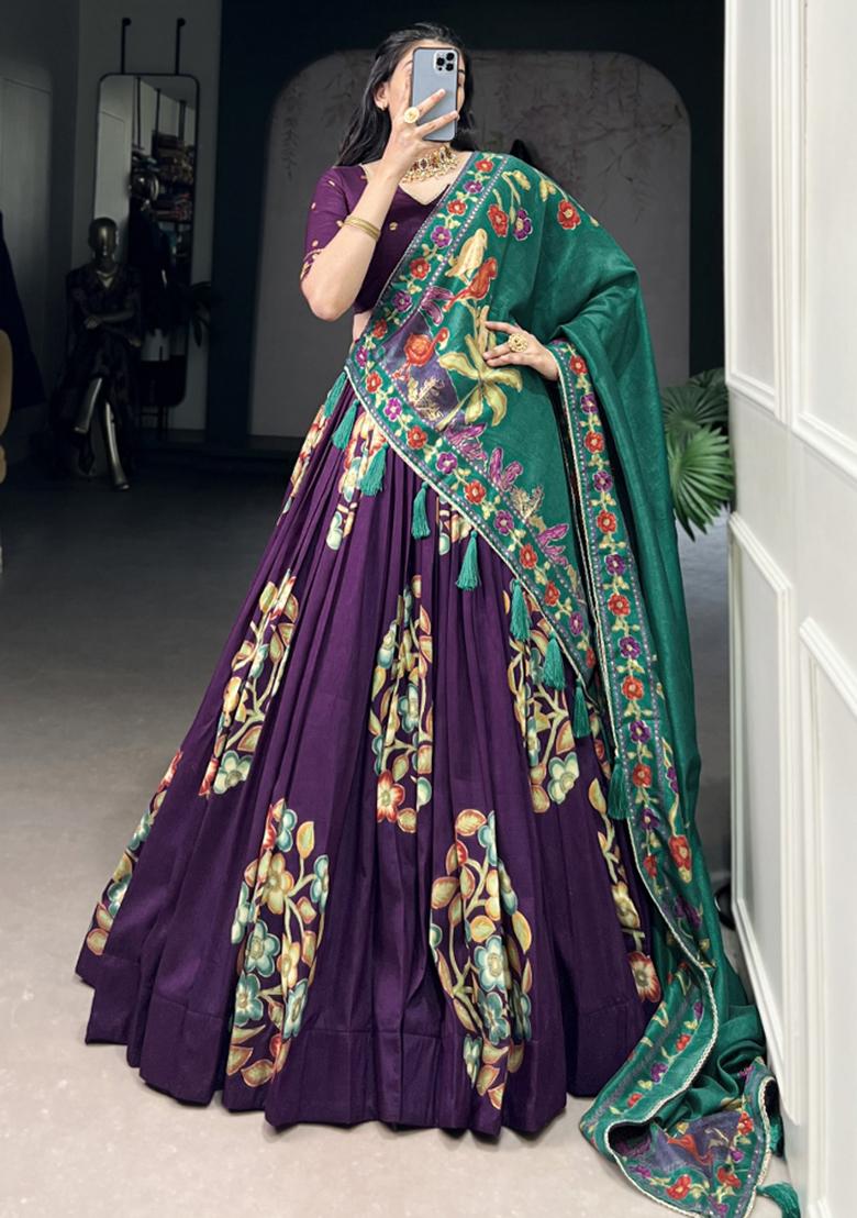 Purple Embroiderd Silk Lehenga Set - Indya