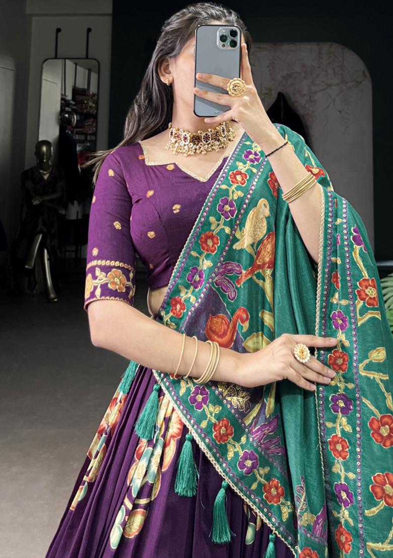 Purple Embroiderd Silk Lehenga Set - Indya