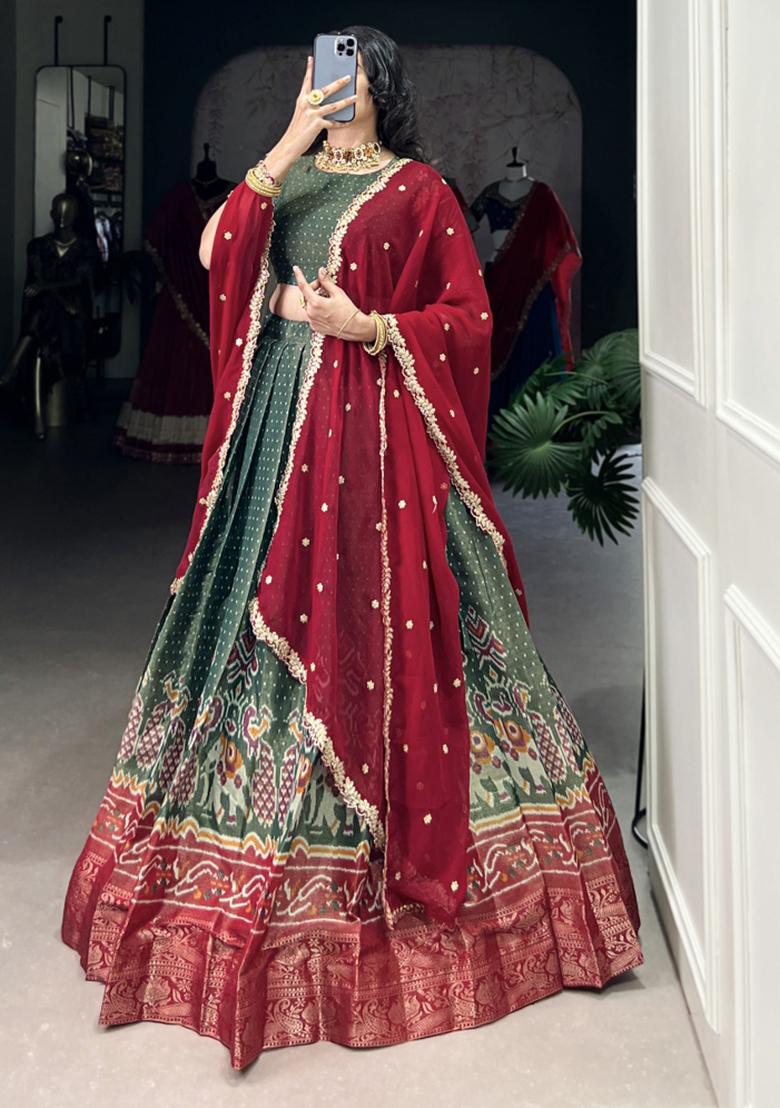 Green Embroiderd Blended Lehenga Set - Indya