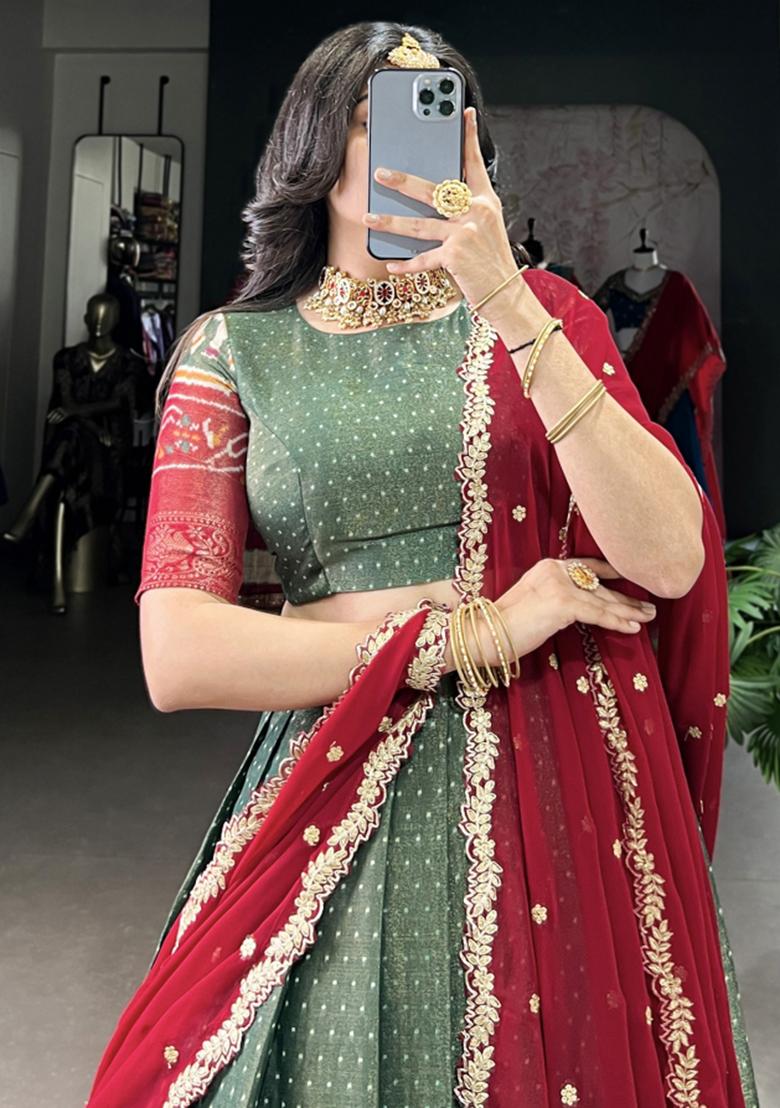 Green Embroiderd Blended Lehenga Set - Indya