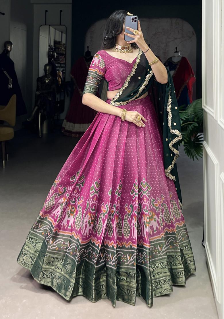 Pink Embroiderd Blended Lehenga Set - Indya