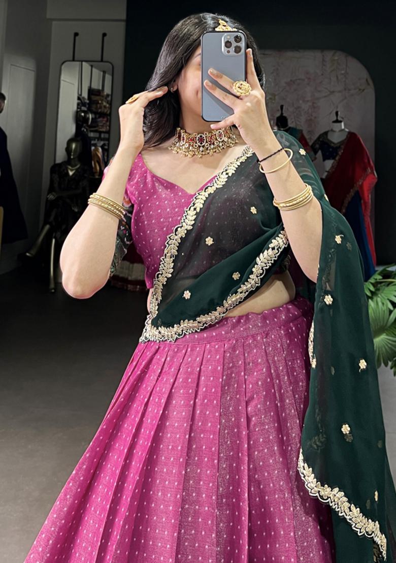 Pink Embroiderd Blended Lehenga Set - Indya