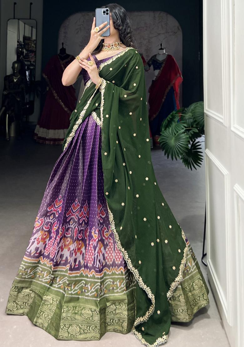 Purple Embroiderd Blended Lehenga Set - Indya