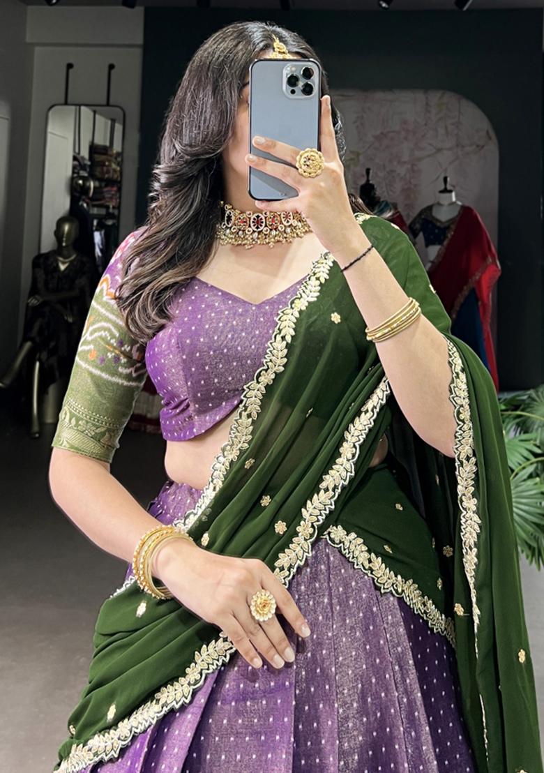 Purple Embroiderd Blended Lehenga Set - Indya
