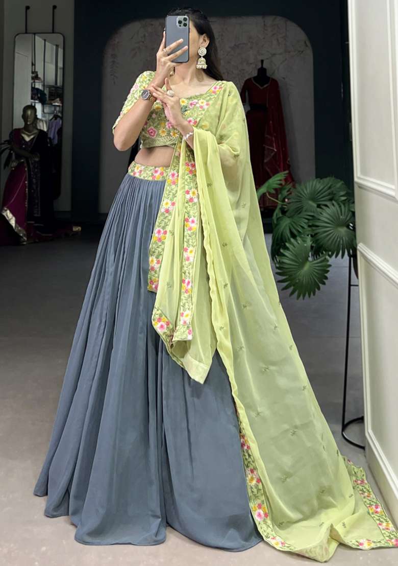 Grey Embroiderd Georgette Lehenga Set for Diwali and Festive Wear - Indya