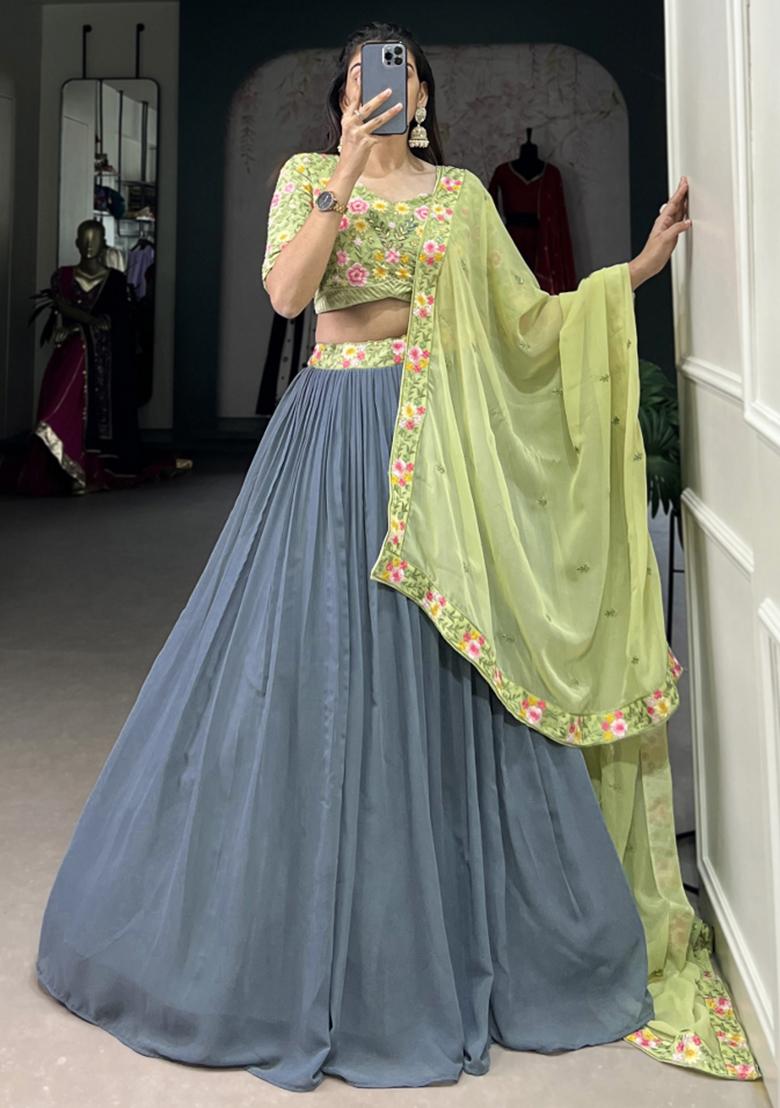 Grey Embroiderd Georgette Lehenga Set - Indya