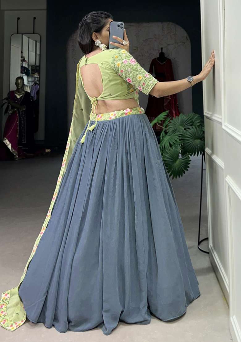 Grey Embroiderd Georgette Lehenga Set for Diwali and Festive Wear - Indya