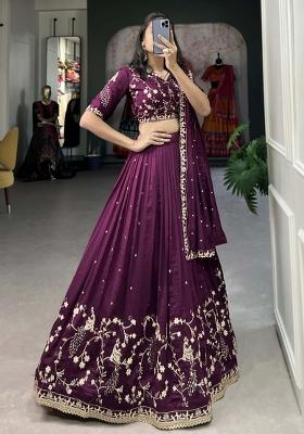 Wine Embroiderd Silk Lehenga Set