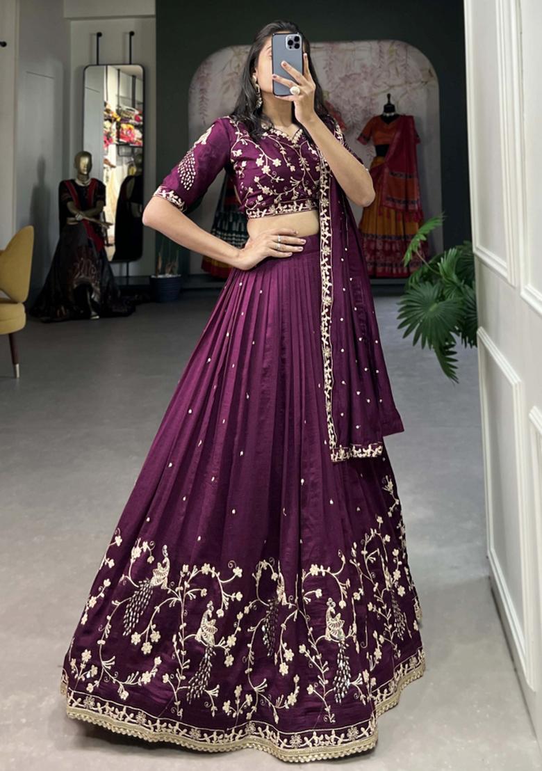 Wine Embroiderd Silk Lehenga Set
