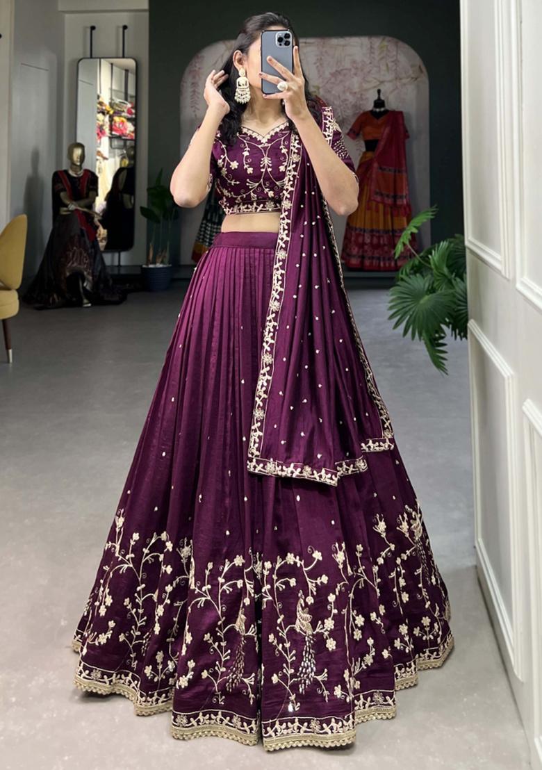 Wine Embroiderd Silk Lehenga Set - Indya