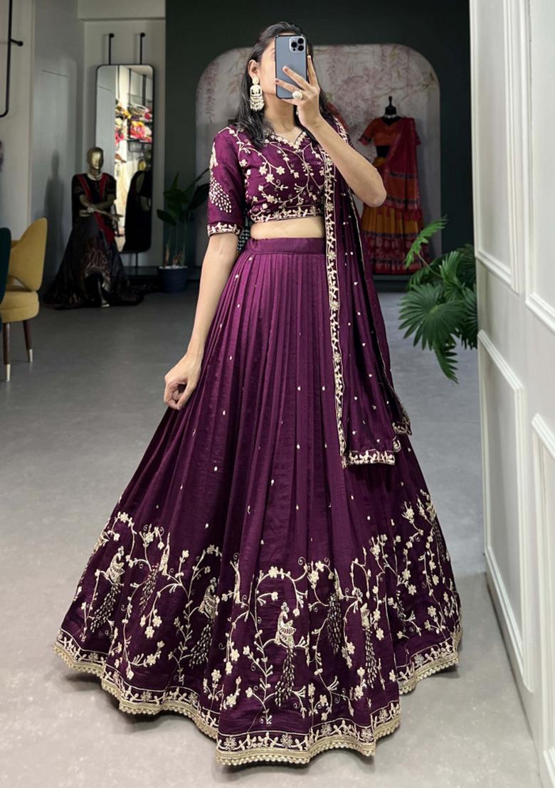 Wine Embroiderd Silk Lehenga Set